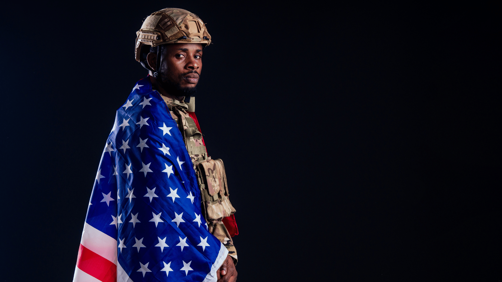 Proud veteran service member wearing military gear and American flag